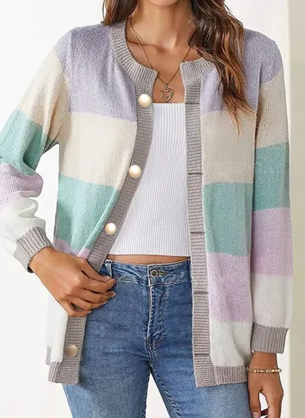 Multicolor Striped Knit Cardigan with Pearl Buttons - 5