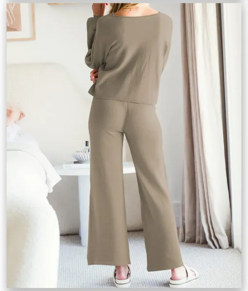 Beige Knit Lounge Set with Drawstring Waist Pants - 13