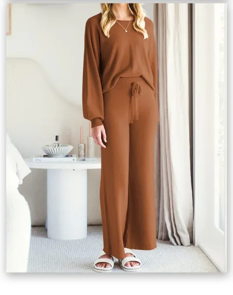 Beige Knit Lounge Set with Drawstring Waist Pants - 14