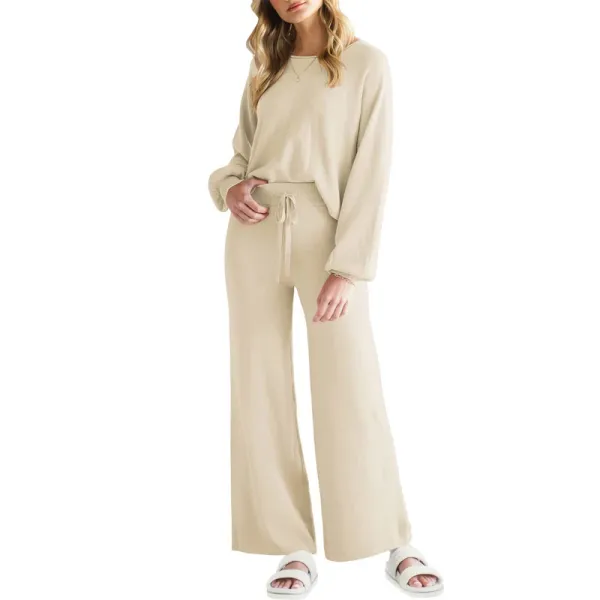Beige Knit Lounge Set with Drawstring Waist Pants - 1
