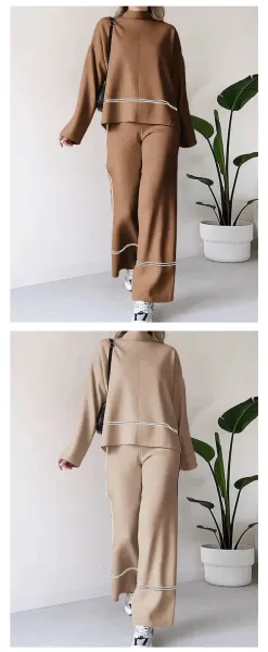 Design Track-Style Two-Piece Set with White Piping Black Pants and Sweater - 13
