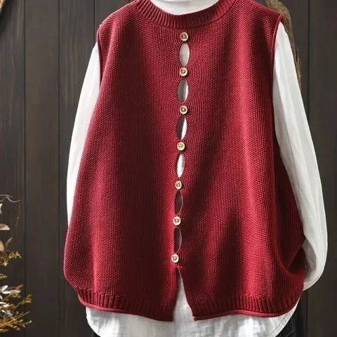 Knit Vest Top in Burgundy with Button-Through Front - 1