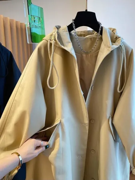 Design Oversized Hooded Trench Coat Navy - 11