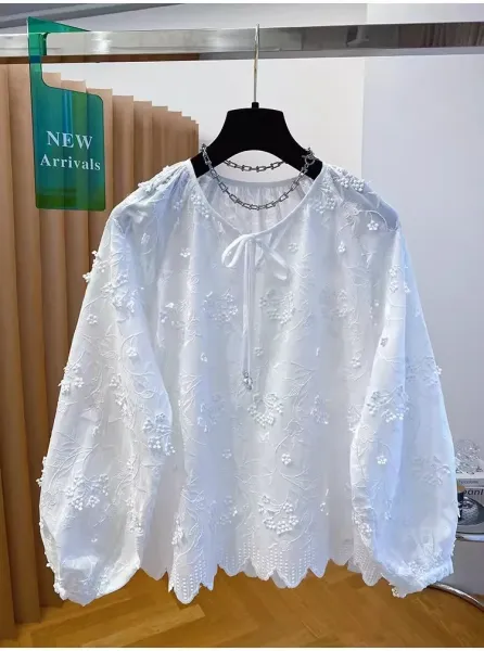 Embroidered Floral Lace Blouse White Tops - 5