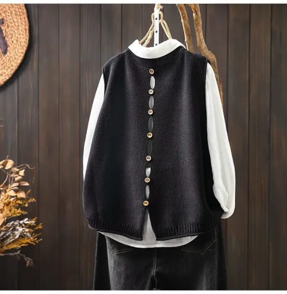 Knit Button-Front Vest Top in Black with Gold Buttons - 3