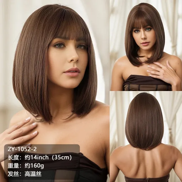 ZY-1052-2 Brown Bob Wig with Bangs Synthetic Hairpiece - 1