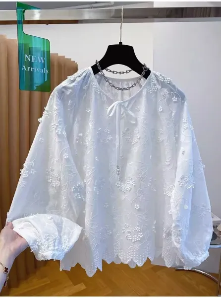 Embroidered Floral Lace Blouse White Tops - 8