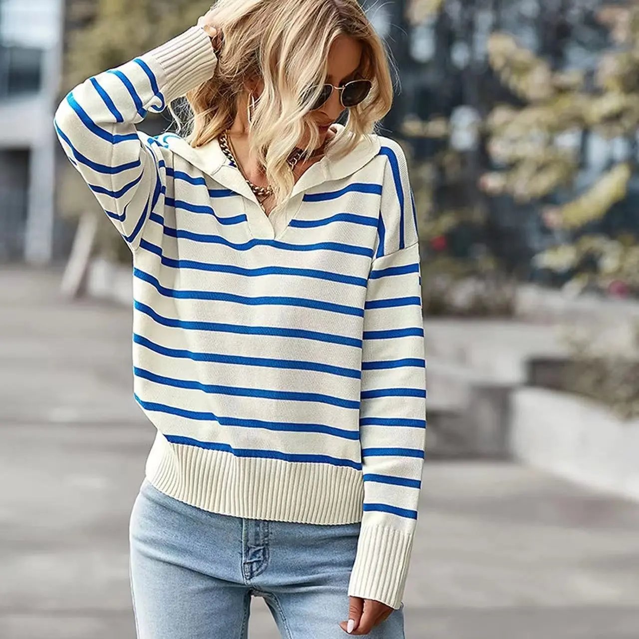 Striped Hooded Polo Sweater in Cream and Blue
