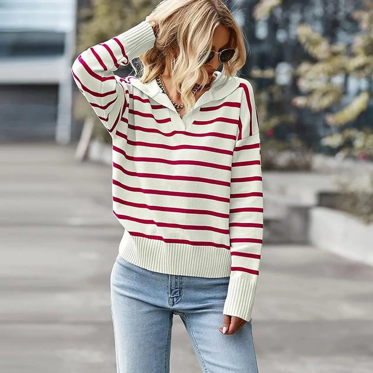 Striped Hooded Knit Sweater in Cream and Burgundy