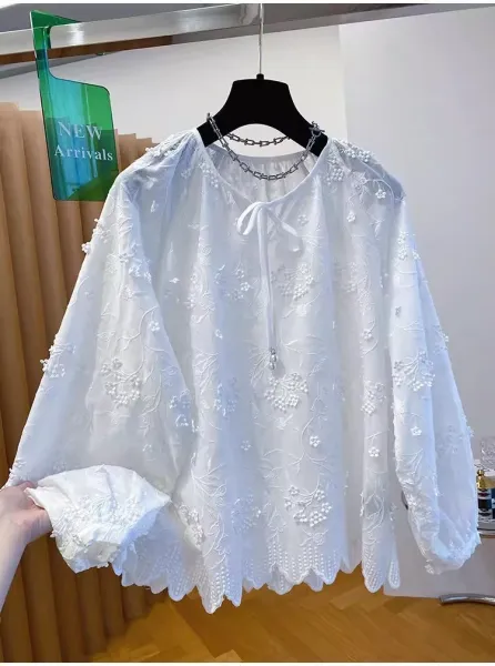 Embroidered Floral Lace Blouse White Tops - 11