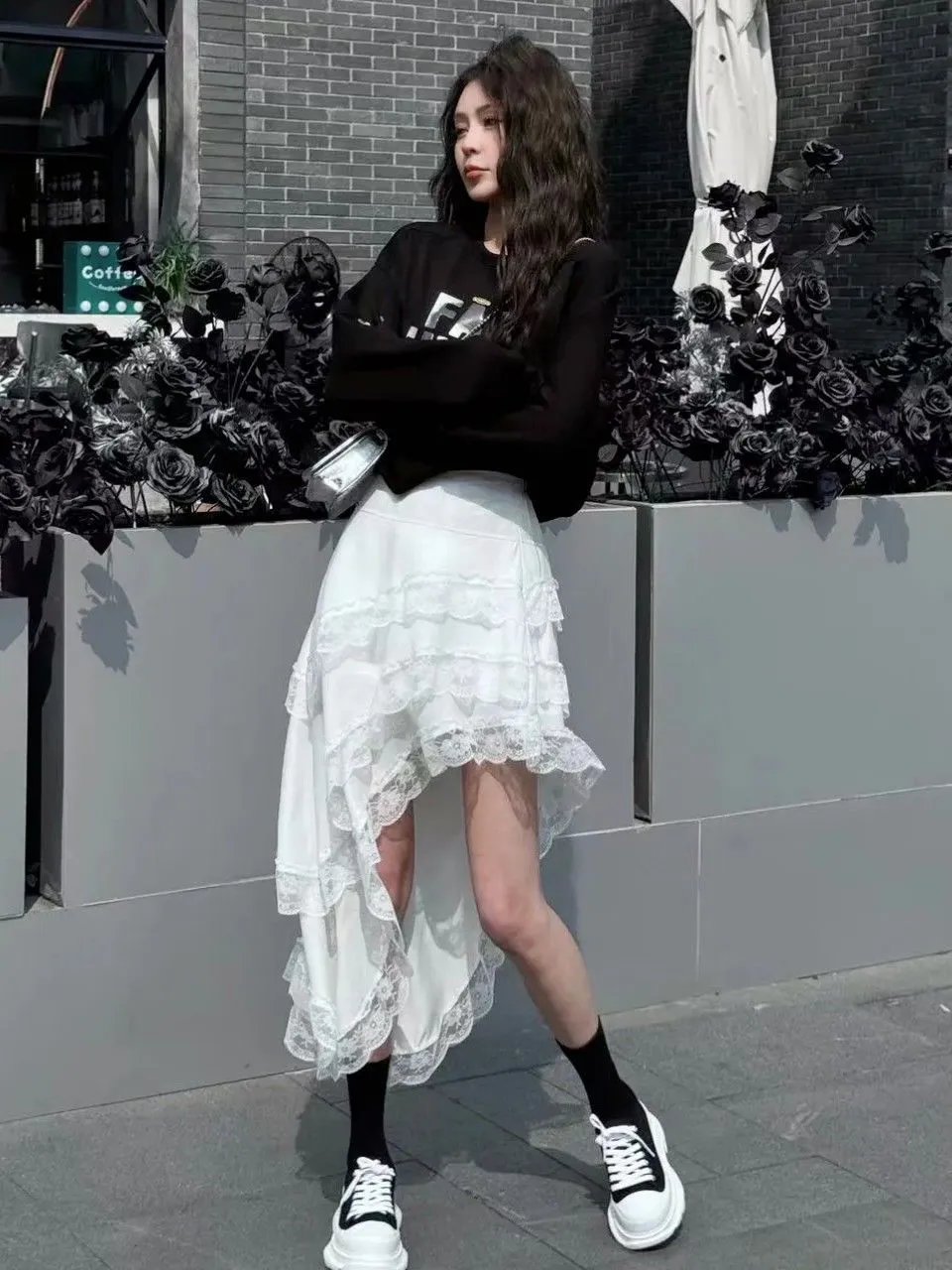 White Lace Asymmetrical High-Low Skirt - 8