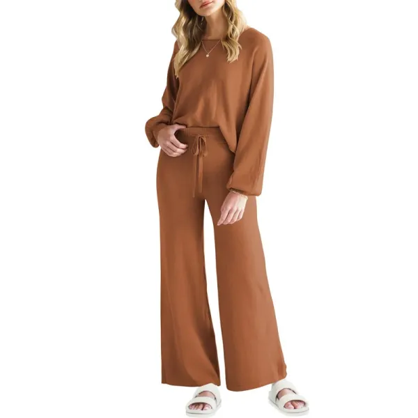 Design Ribbed Knit Lounge Set in Caramel Brown - 1