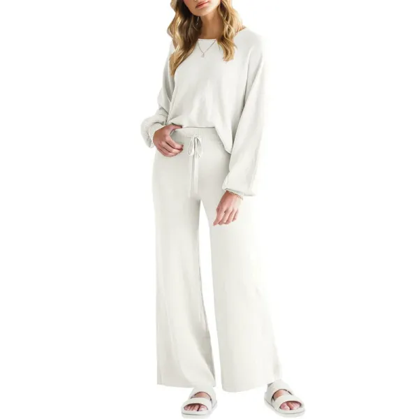 Design Ribbed Knit Lounge Set Beige Sweater and Wide-Leg Pants - 1