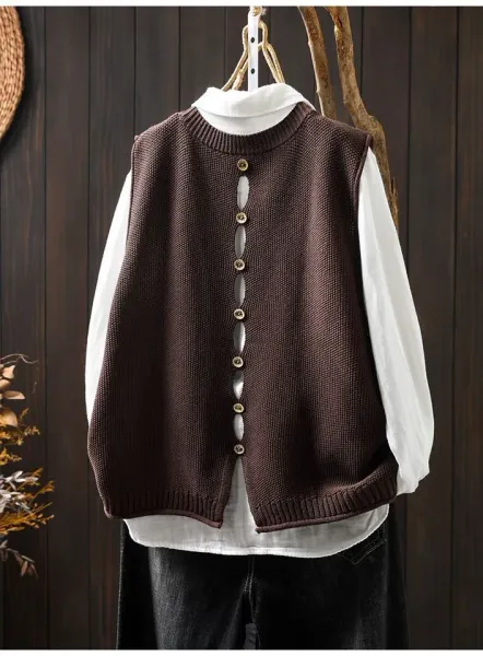 Knit Button-Front Vest Top in Black with Gold Buttons - 21
