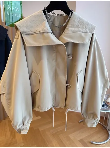 Design Oversized Collar Windbreaker Beige Outerwear - 5