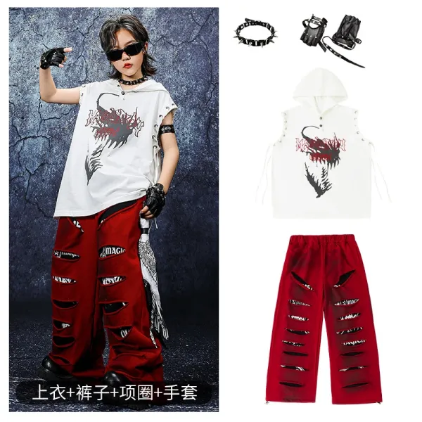 Design Streetwear Set: Dragon Print Sleeveless Hoodie + Distressed Red Pants + Spiked Choker + Fingerless Gloves - 1