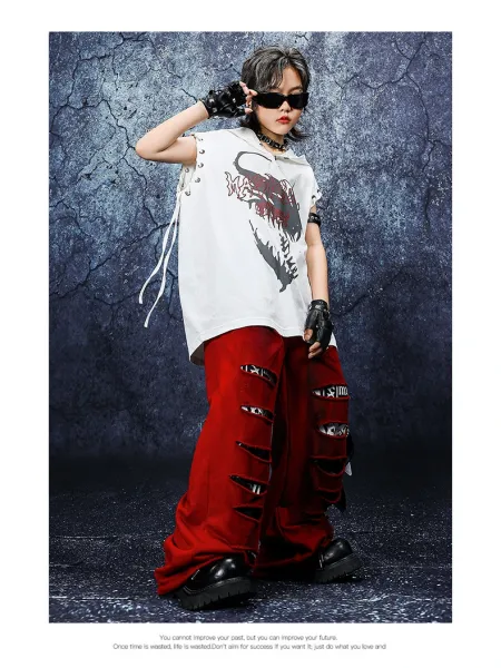 Design Streetwear Set: Dragon Print Hooded Vest + Distressed Red Wide-Leg Pants + Black-White Tassel Pendant - 9