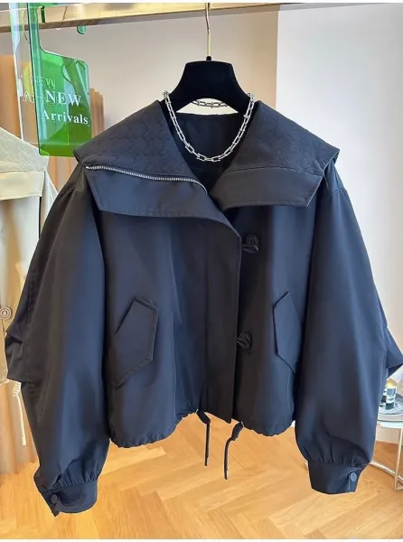 Design Oversized Collar Windbreaker Beige Outerwear - 10