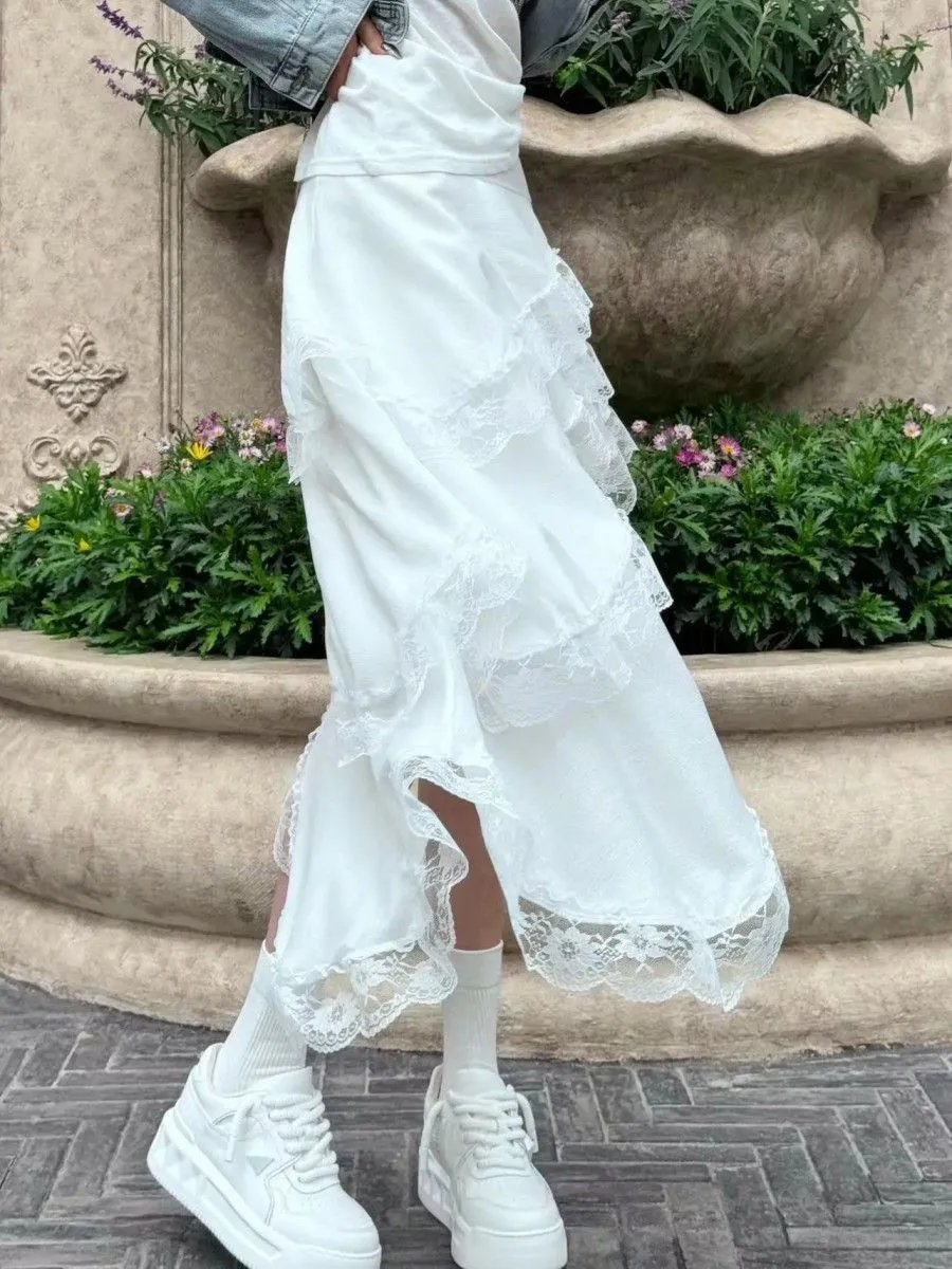 White Lace Asymmetrical High-Low Skirt - 17