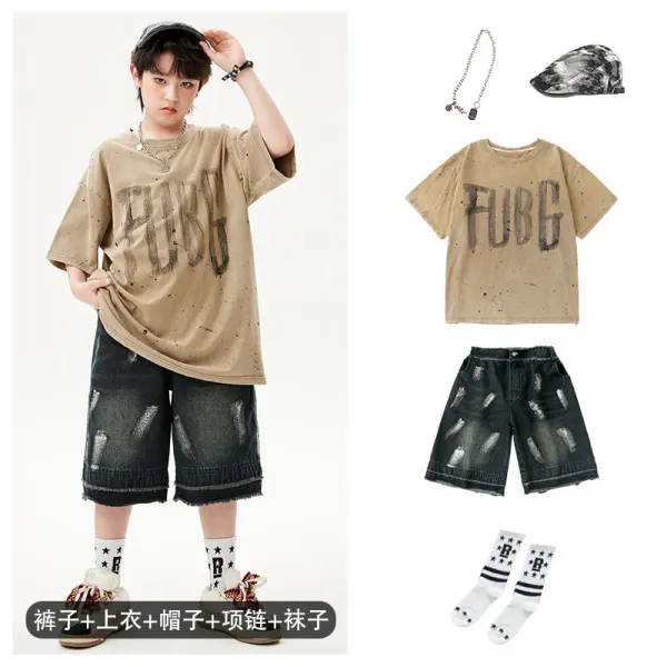 FUBG Distressed Graphic Tee Beige + Ripped Denim Shorts Black + Star Socks White + Camo Cap Multicolor + Chain Necklace Silver Accessories Set - 1