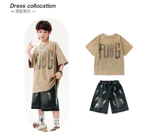 PUBG x Streetwear Oversized Graphic Tee Beige + Distressed Denim Shorts Black + Camo Cap + Star Socks Set - 4