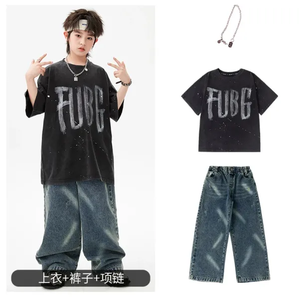 FUBG Graphic Print Oversized T-Shirt Black + Distressed Wide-Leg Jeans Blue + Chain Necklace Accessory Set - 1