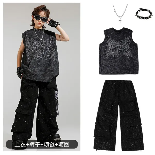Design Streetwear Set: Rhinestone-Embellished Acid Wash Vest Top + Cargo Pants + Cross Pendant Necklace + Spiked Choker - 1