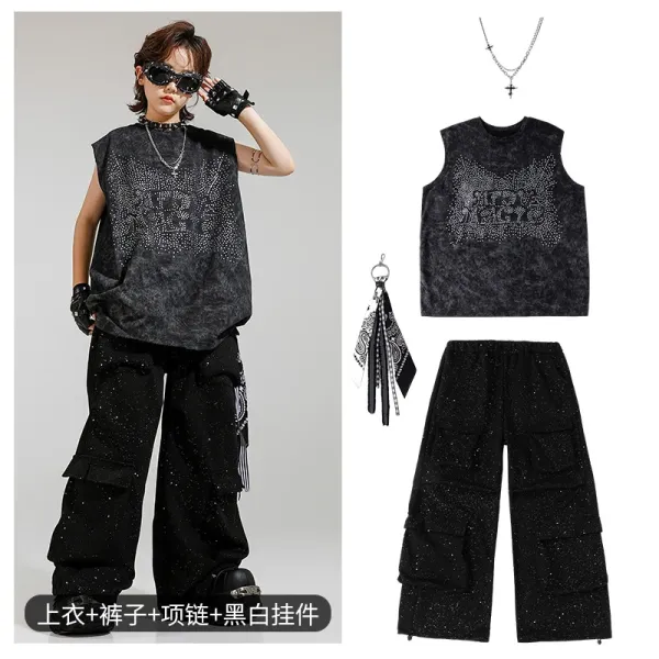 Design Streetwear Set: Rhinestone Graphic Vest Top + Cargo Pants + Chain Necklace + Bandana Keychain - 1