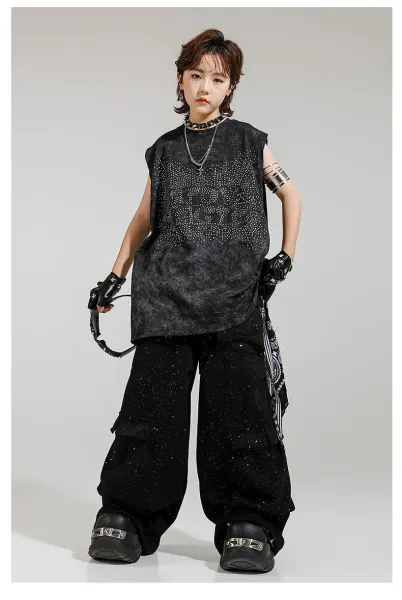 Design Streetwear Set: Acid Wash Sparkle Vest Top + Cargo Pants + Fingerless Gloves Black - 9