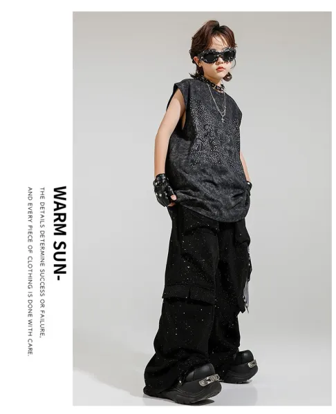 Design Streetwear Set: Acid Wash Sparkle Vest Top + Cargo Pants + Fingerless Gloves Black - 12