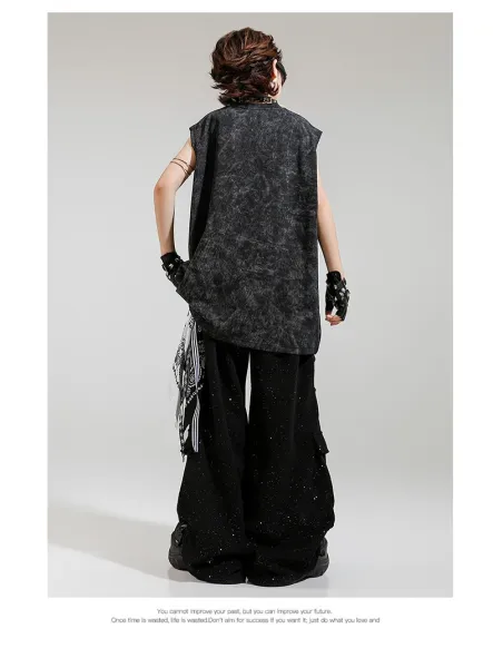 Design Streetwear Set: Acid Wash Sparkle Vest Top + Cargo Pants + Fingerless Gloves Black - 15