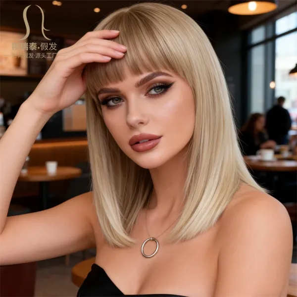 Siretai Synthetic Bob Wig with Bangs in Ash Blonde Hairpiece - 9