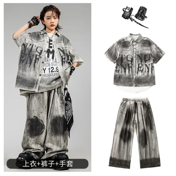 HECOOLEST Distressed Graphic Shirt and Tie-Dye Pants Set Gray - 1