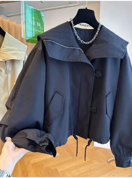 Design Oversized Collar Windbreaker Beige Outerwear - 14