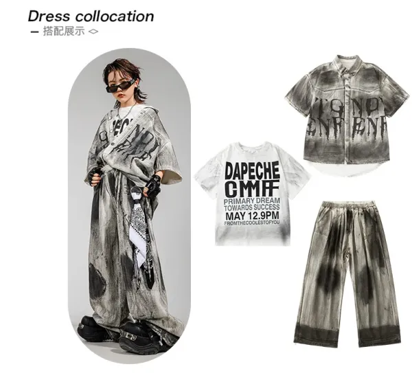 HECOOLEST Distressed Graphic Shirt and Tie-Dye Pants Set Gray - 4