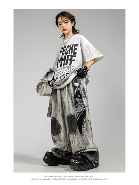 HECOOLEST Distressed Graphic Shirt and Tie-Dye Pants Set Gray - 9