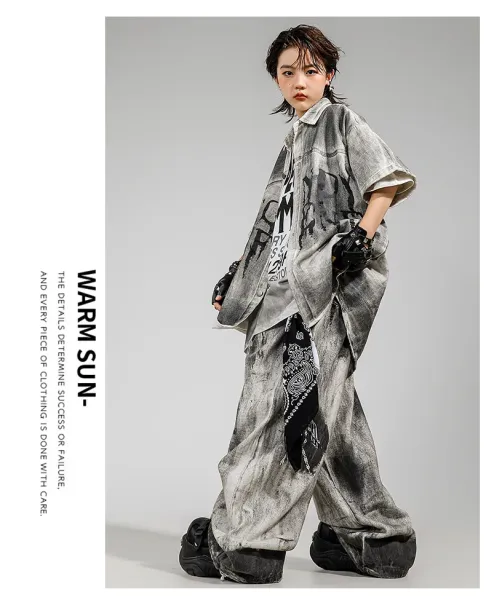 HECOOLEST Distressed Graphic Shirt and Tie-Dye Pants Set Gray - 11