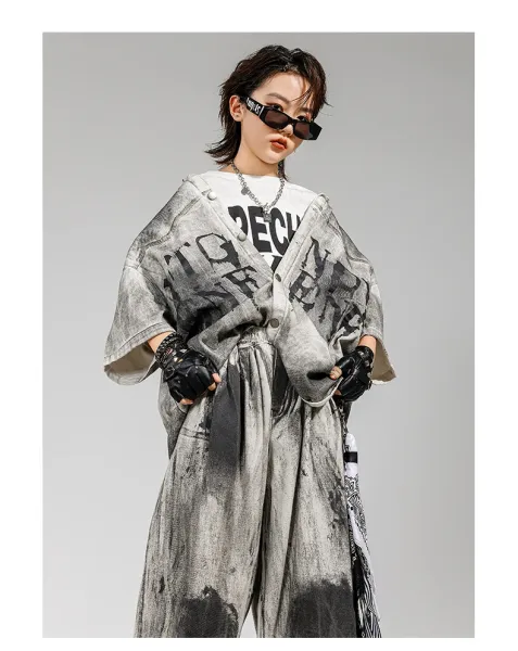 HECOOLEST Distressed Graphic Shirt and Tie-Dye Pants Set Gray - 13
