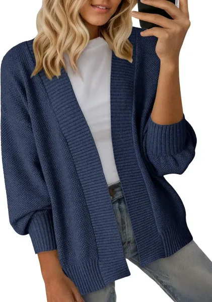 Navy Blue Textured Knit Open-Front Cardigan - 15
