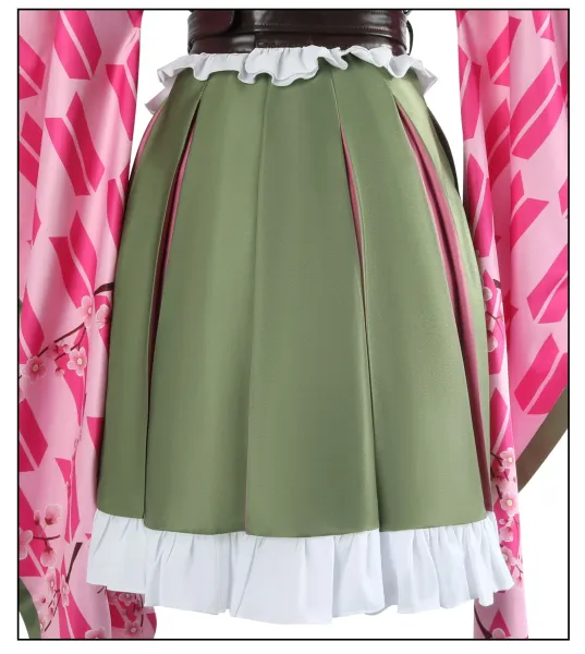 Cosplay Full Set + Wig: Pink & Green Gradient Hair, White Ruffled Shirt, Olive Skirt, Geometric Coat - 20