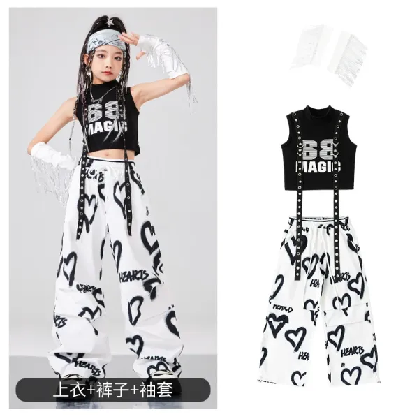 SS MAGIC Heart Print Streetwear Set Black/White Pants and Vest-Top - 1