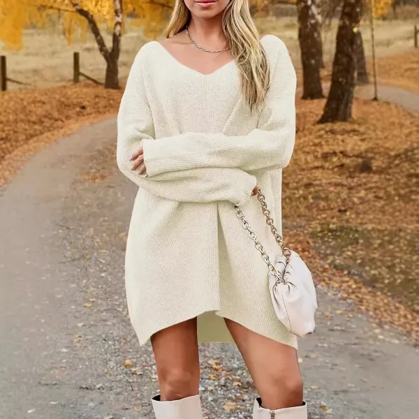 Oversized V-Neck Ribbed Knit Dress in Cream - 1
