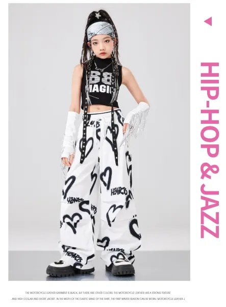 BB Magic Streetwear Set Black/White Heart Print Vest Top + Cargo Pants + Fringe Arm Warmers + Chain Necklace - 9