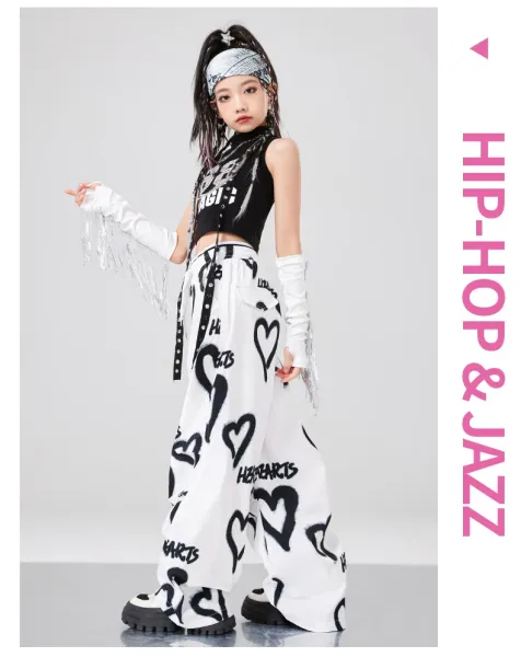 BB Magic Streetwear Set Black/White Heart Print Vest Top + Cargo Pants + Fringe Arm Warmers + Chain Necklace - 13