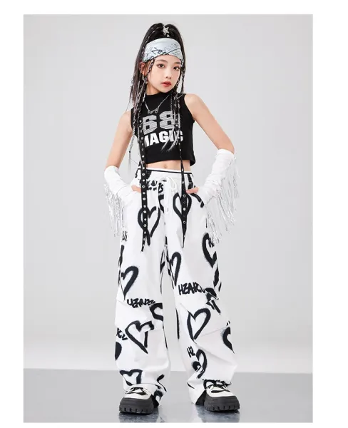 BB Magic Streetwear Set Black/White Heart Print Vest Top + Cargo Pants + Fringe Arm Warmers + Chain Necklace - 16