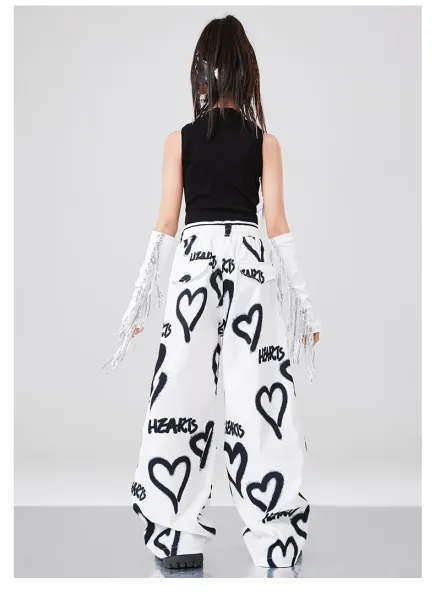 BB Magic Streetwear Set Black/White Heart Print Vest Top + Cargo Pants + Fringe Arm Warmers + Chain Necklace - 17