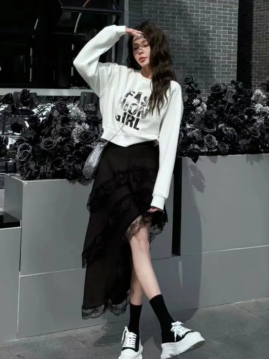White Lace Asymmetrical High-Low Skirt - 6
