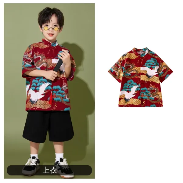 Traditional Chinese Dragon and Crane Print Short-Sleeve Shirt Red Multicolor - 1