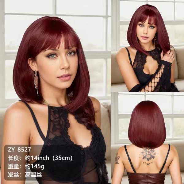 ZY-8527 Burgundy Bob Wig with Bangs Synthetic Hairpiece - 1