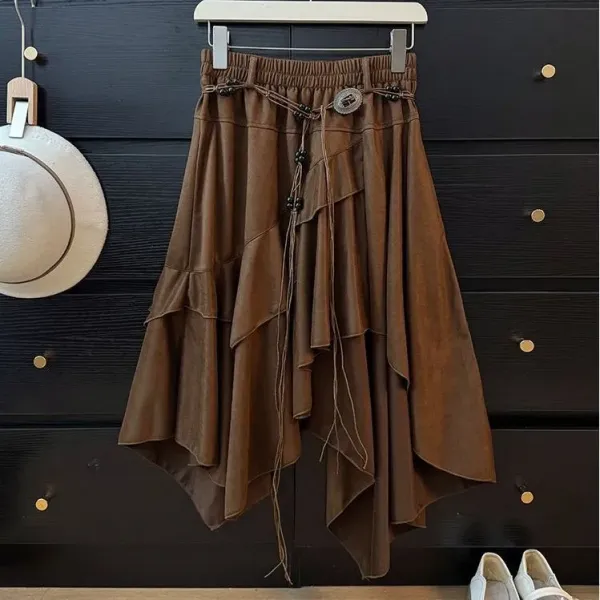 Boho Asymmetrical Tiered Skirt in Brown - 1